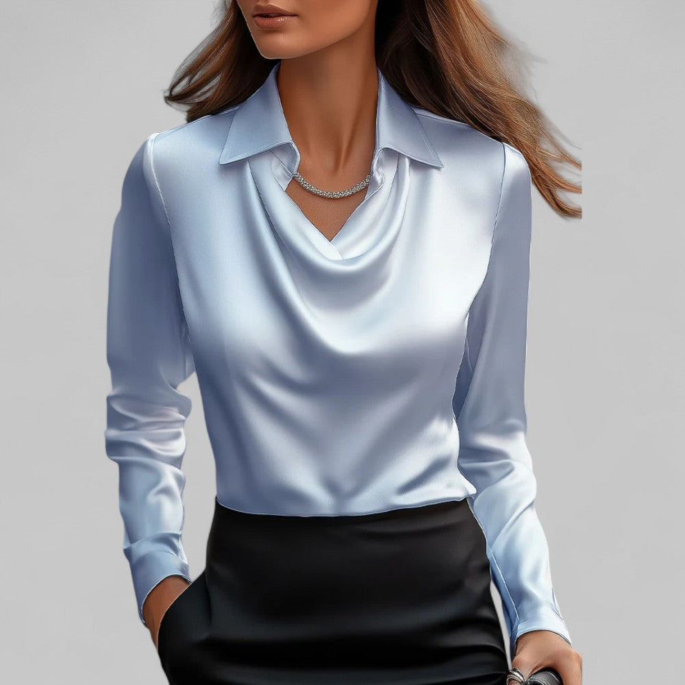 Elegant Satin Blouse for Women with Cowl Neck Collar Long Sleeve Silky Style