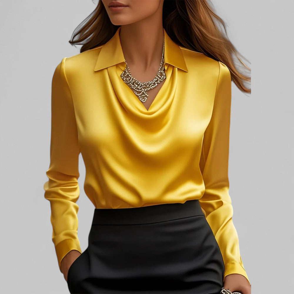Elegant Satin Blouse for Women with Cowl Neck Collar Long Sleeve Silky Style