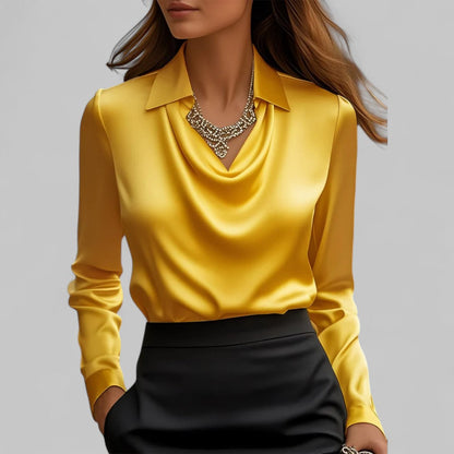 Elegant Satin Blouse for Women with Cowl Neck Collar Long Sleeve Silky Style
