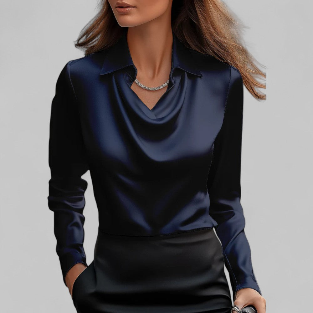 Elegant Satin Blouse for Women with Cowl Neck Collar Long Sleeve Silky Style