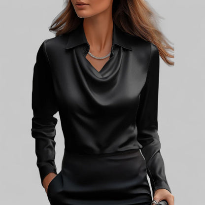Elegant Satin Blouse for Women with Cowl Neck Collar Long Sleeve Silky Style