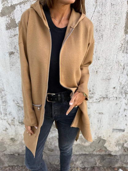 Effortless Longline Hooded Cardigan for Women with Zip Front Long Sleeve Oversized Knit Style