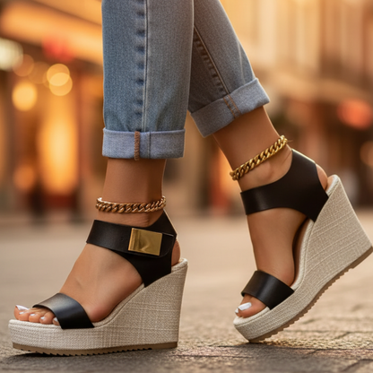 Effortless Espadrille Wedge Sandal for Women with Ankle Strap Gold Chain Buckle Casual Style