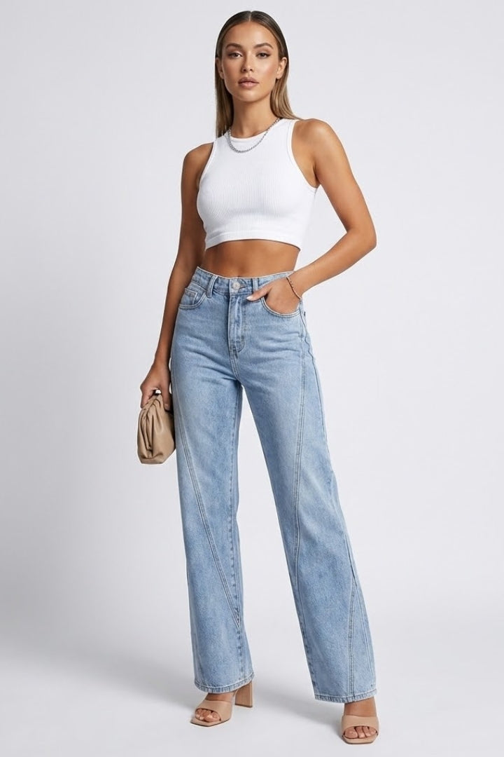 Effortless Relaxed Blue Wide Leg Jeans for Women with High Waist Straight Style