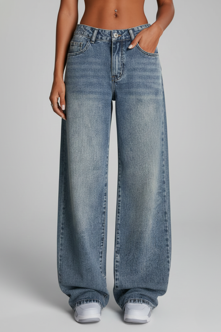 Stylish Blue Jeans for Women with Mid Rise Relaxed Wide Leg Five Pocket Casual Jean Style