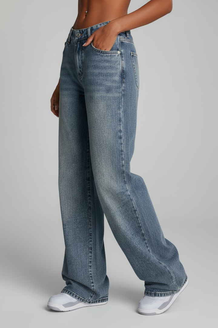 Stylish Blue Jeans for Women with Mid Rise Relaxed Wide Leg Five Pocket Casual Jean Style