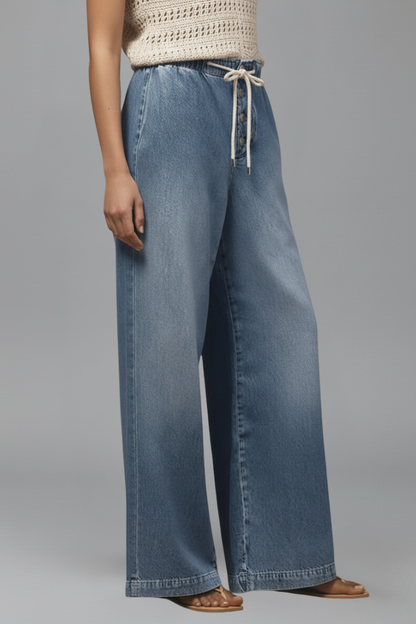 Effortless Light Blue Jeans for Women with Elastic Drawstring Waist Relaxed Wide Leg Casual Jean Style