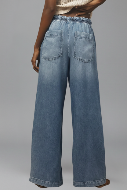 Effortless Light Blue Jeans for Women with Elastic Drawstring Waist Relaxed Wide Leg Casual Jean Style