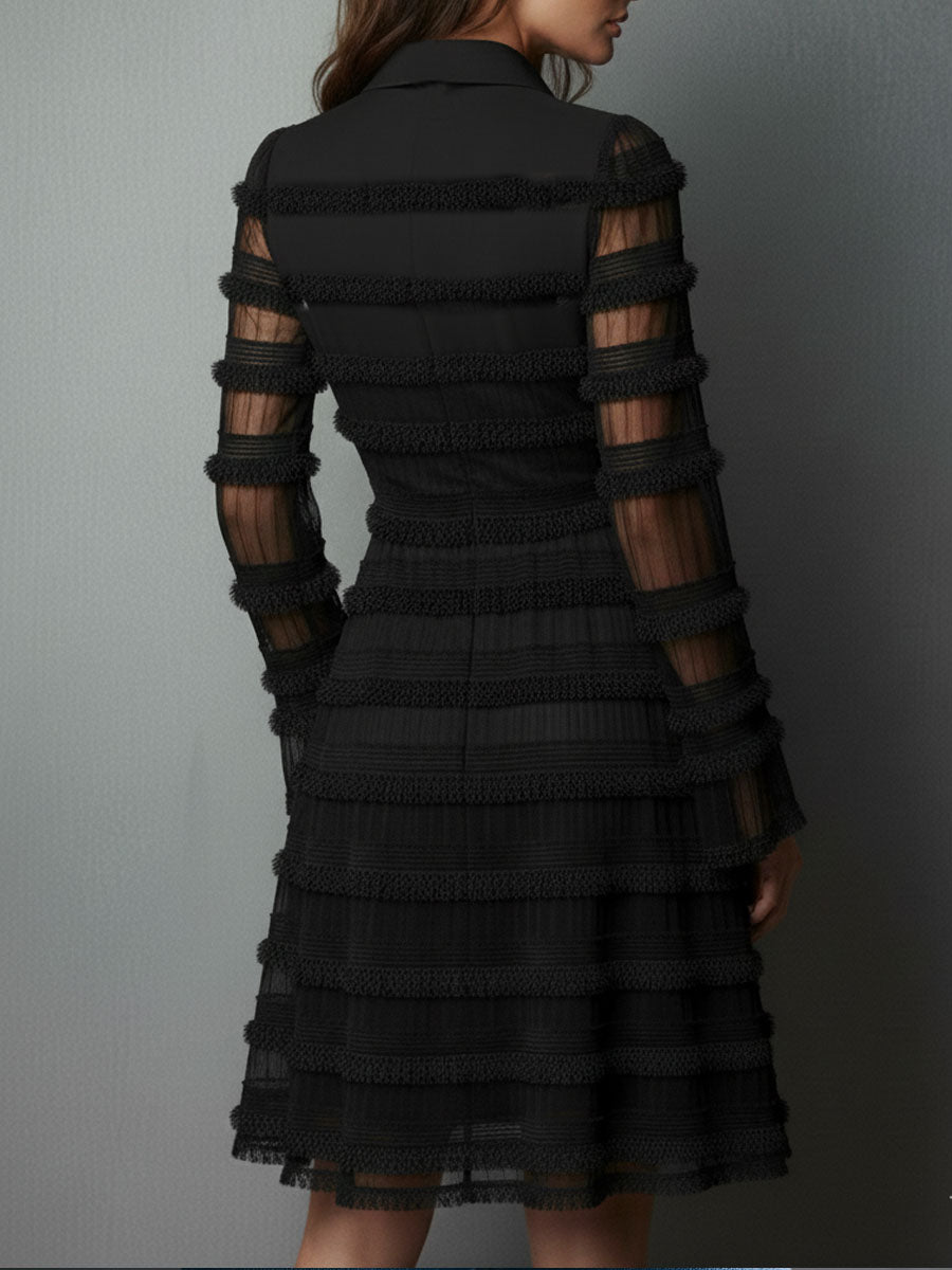 Elegant Black Fringe Mini Dress for Women with Collar V Neck Long Bell Sleeve Fit and Flare Cocktail Style