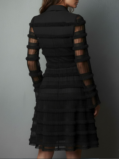 Elegant Black Fringe Mini Dress for Women with Collar V Neck Long Bell Sleeve Fit and Flare Cocktail Style