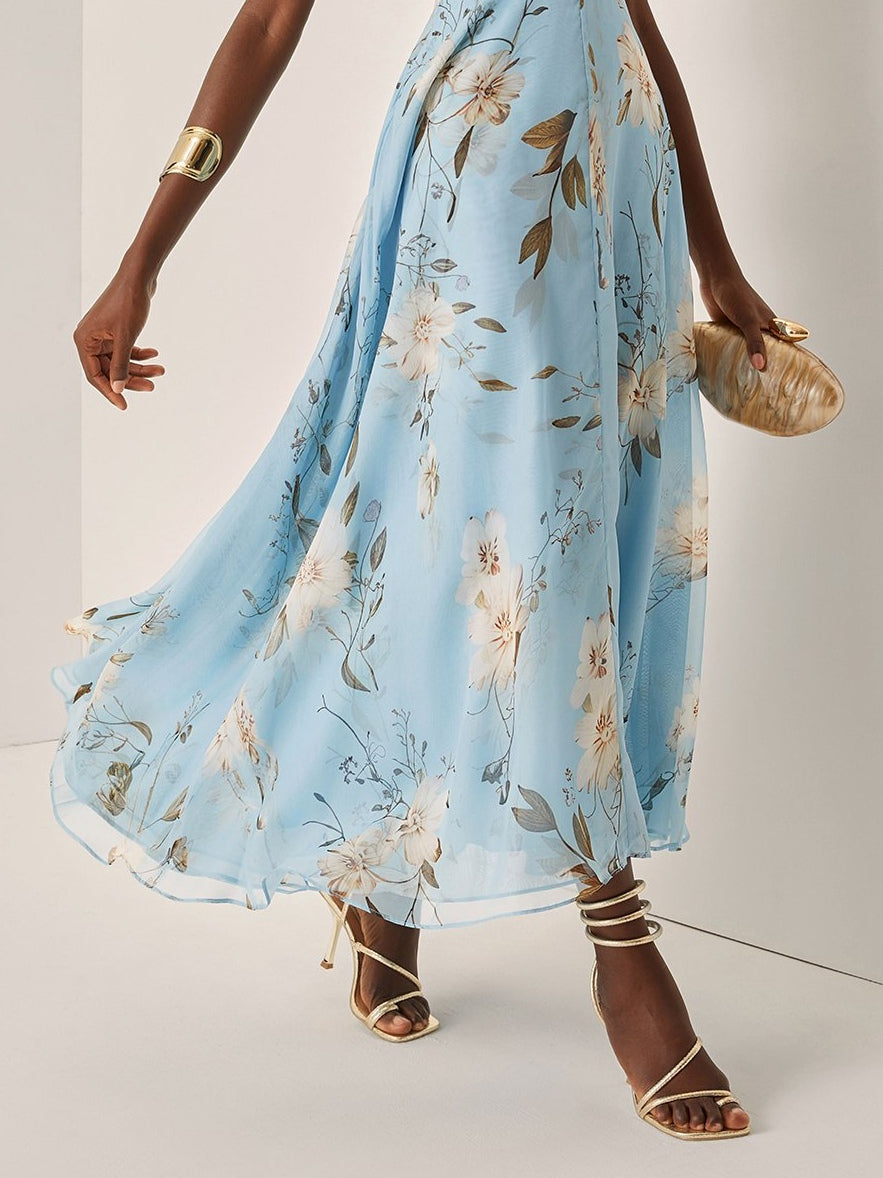 Elegant Light Blue Floral Maxi Dress for Women with One Shoulder Sleeveless Ruched Flowing Wedding Guest Style