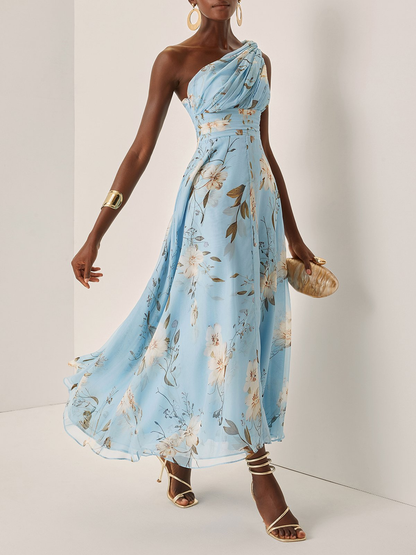 Elegant Light Blue Floral Maxi Dress for Women with One Shoulder Sleeveless Ruched Flowing Wedding Guest Style