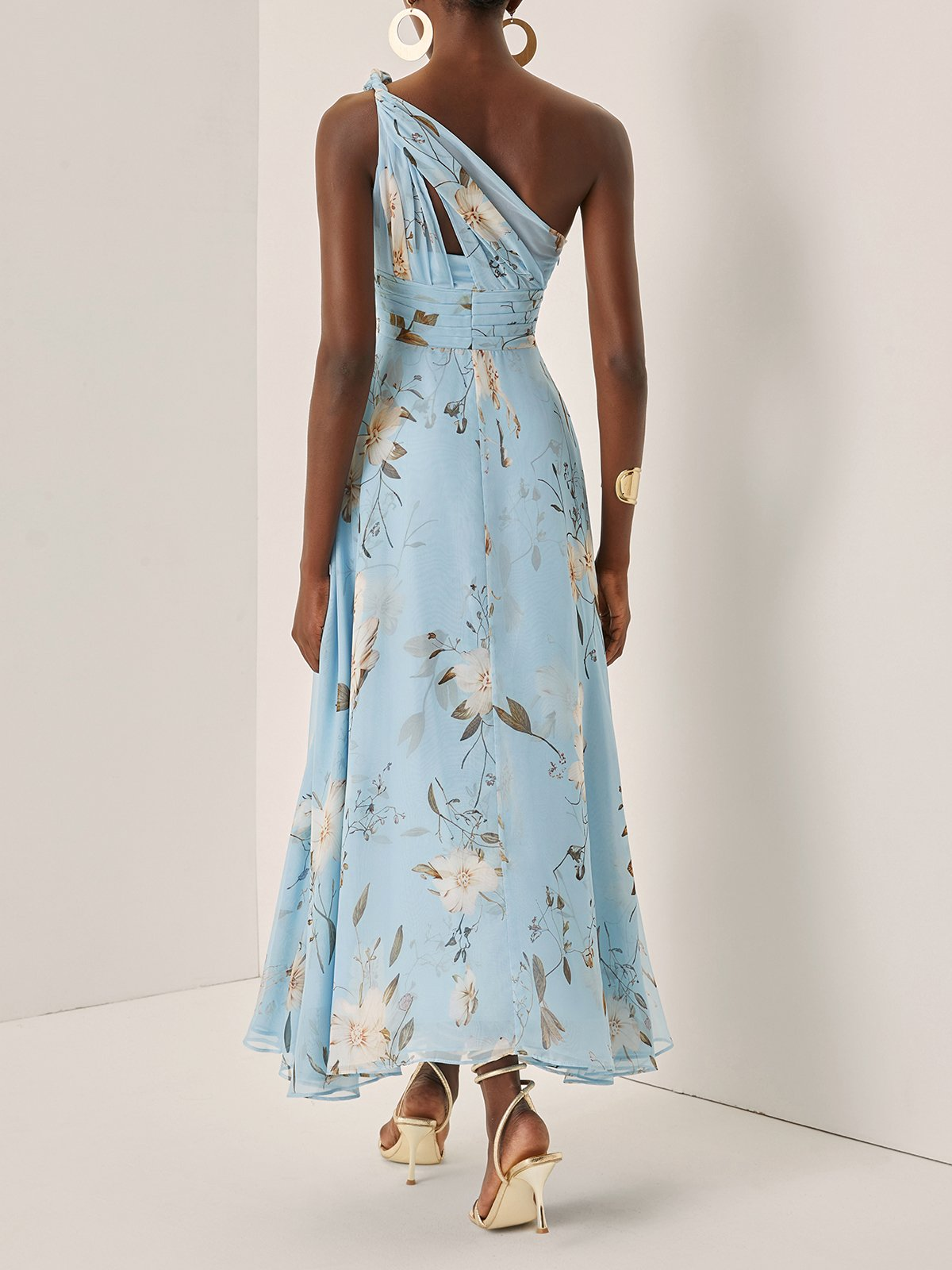 Elegant Light Blue Floral Maxi Dress for Women with One Shoulder Sleeveless Ruched Flowing Wedding Guest Style
