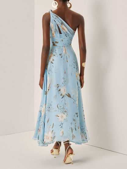Elegant Light Blue Floral Maxi Dress for Women with One Shoulder Sleeveless Ruched Flowing Wedding Guest Style