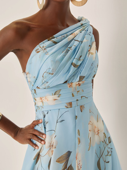 Elegant Light Blue Floral Maxi Dress for Women with One Shoulder Sleeveless Ruched Flowing Wedding Guest Style