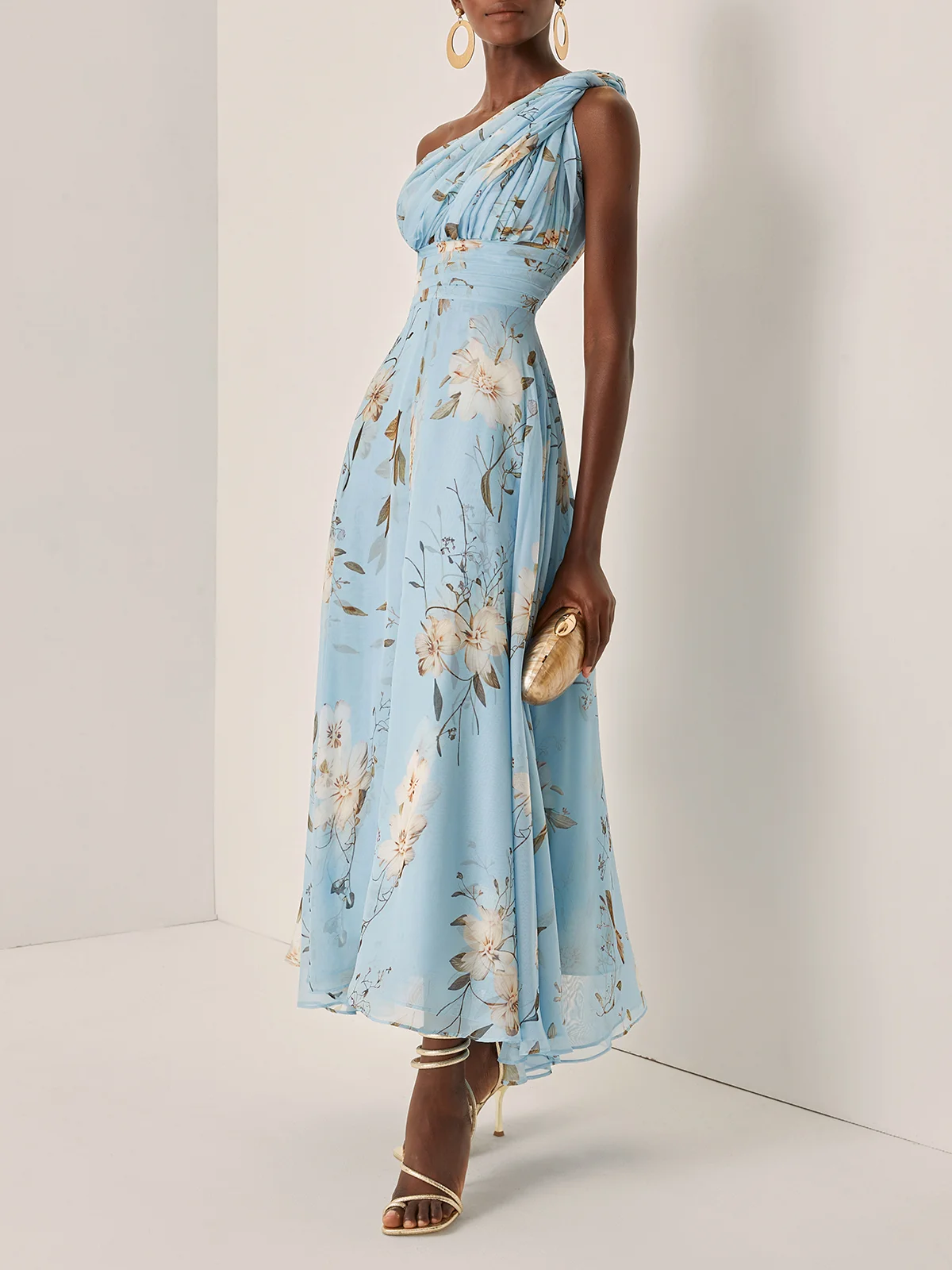 Elegant Light Blue Floral Maxi Dress for Women with One Shoulder Sleeveless Ruched Flowing Wedding Guest Style