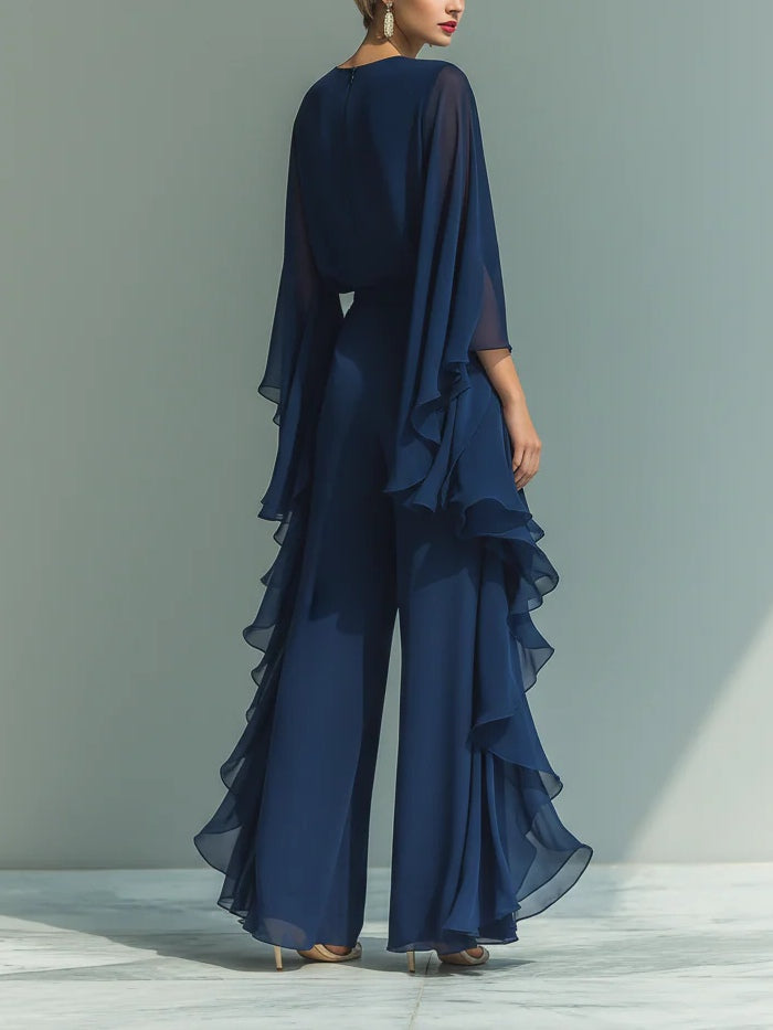 Elegant Navy Chiffon Jumpsuit for Women with Round Neck Flutter Sleeve Ruffle Wide Leg Flowing Style