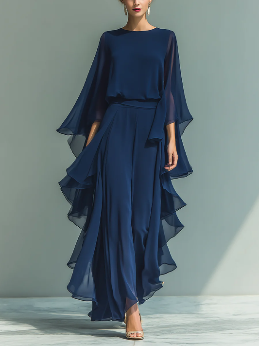 Elegant Navy Chiffon Jumpsuit for Women with Round Neck Flutter Sleeve Ruffle Wide Leg Flowing Style