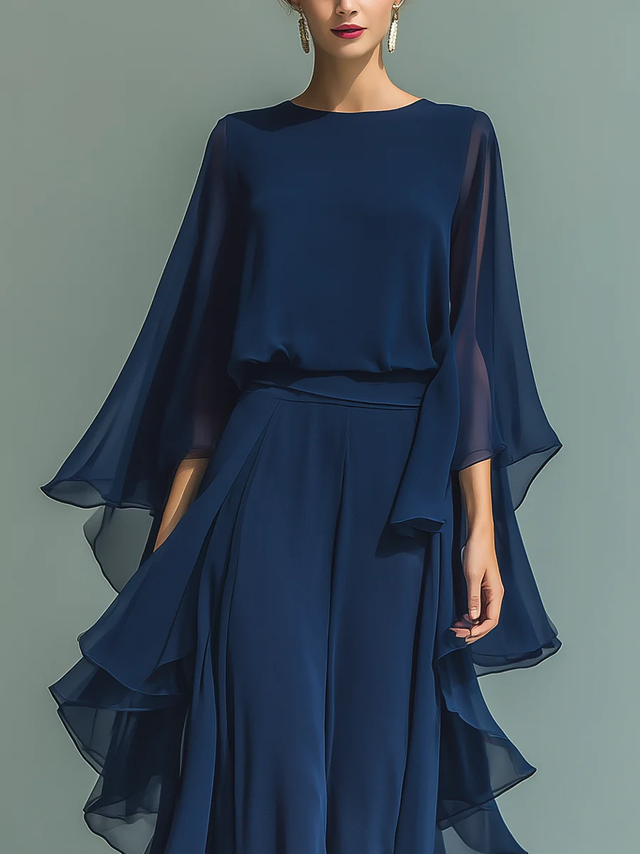 Elegant Navy Chiffon Jumpsuit for Women with Round Neck Flutter Sleeve Ruffle Wide Leg Flowing Style