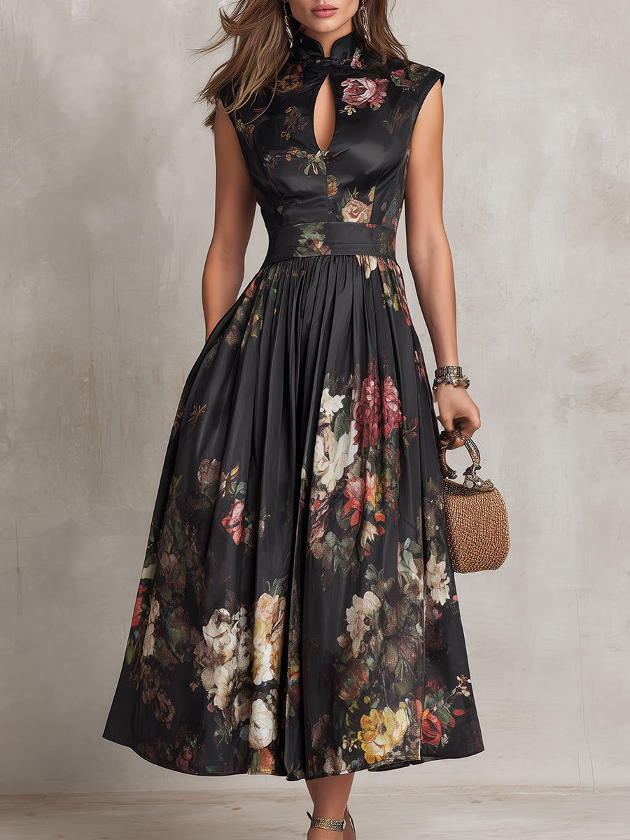 Elegant Black Floral Midi Dress for Women with Mandarin Collar Cap Sleeve Keyhole Fit Flare Style