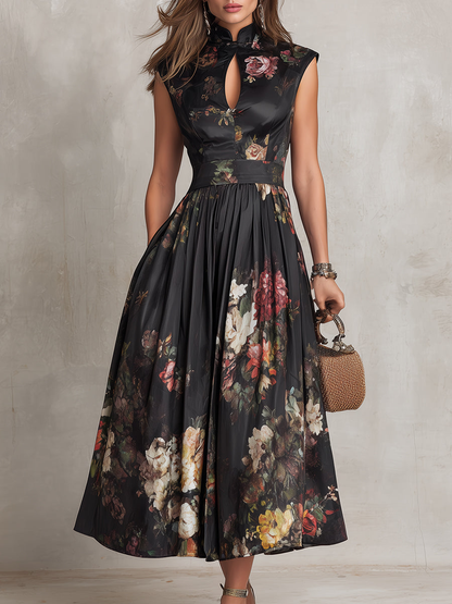 Elegant Black Floral Midi Dress for Women with Mandarin Collar Cap Sleeve Keyhole Fit Flare Style