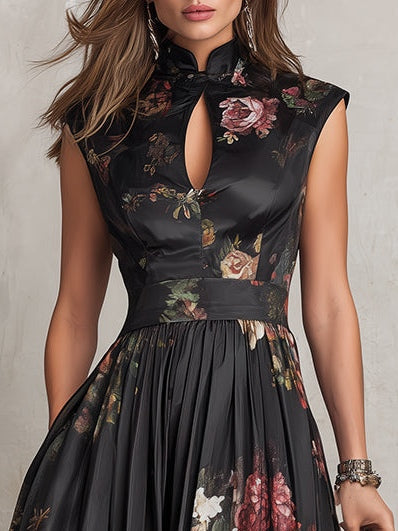 Elegant Black Floral Midi Dress for Women with Mandarin Collar Cap Sleeve Keyhole Fit Flare Style