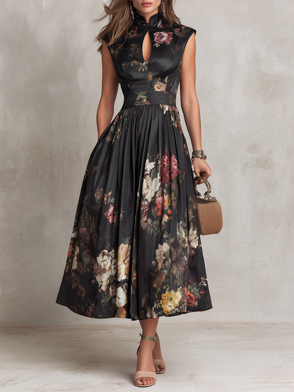 Elegant Black Floral Midi Dress for Women with Mandarin Collar Cap Sleeve Keyhole Fit Flare Style
