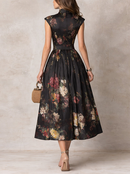 Elegant Black Floral Midi Dress for Women with Mandarin Collar Cap Sleeve Keyhole Fit Flare Style