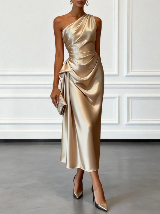 Elegant Satin Midi Dress for Women with One Shoulder Draped Ruched Column Formal Wedding Guest Style