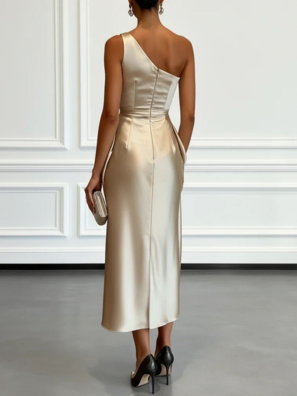 Elegant Satin Midi Dress for Women with One Shoulder Draped Ruched Column Formal Wedding Guest Style