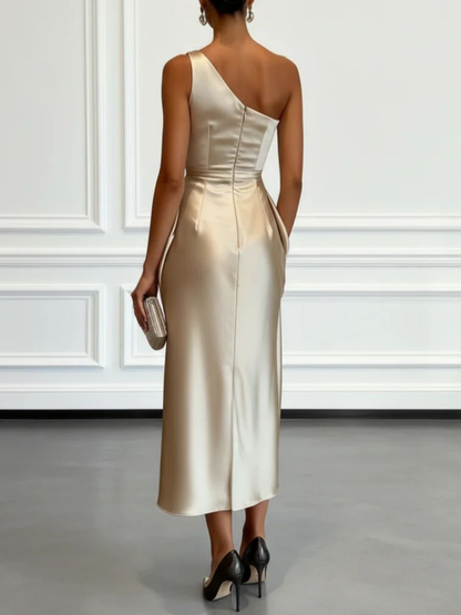 Elegant Satin Midi Dress for Women with One Shoulder Draped Ruched Column Formal Wedding Guest Style
