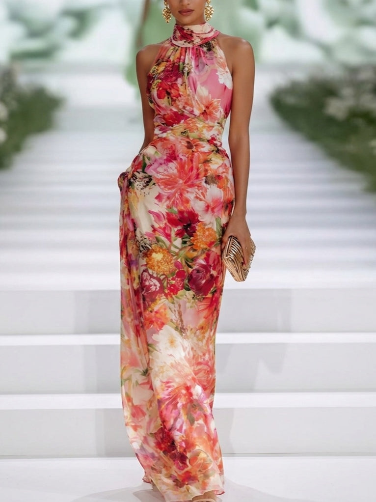 Elegant Red Floral Maxi Dress for Women with Halter Neck Sleeveless Column Flowing Formal Wedding Guest Style