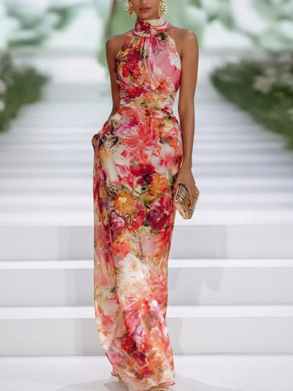 Elegant Red Floral Maxi Dress for Women with Halter Neck Sleeveless Column Flowing Formal Wedding Guest Style