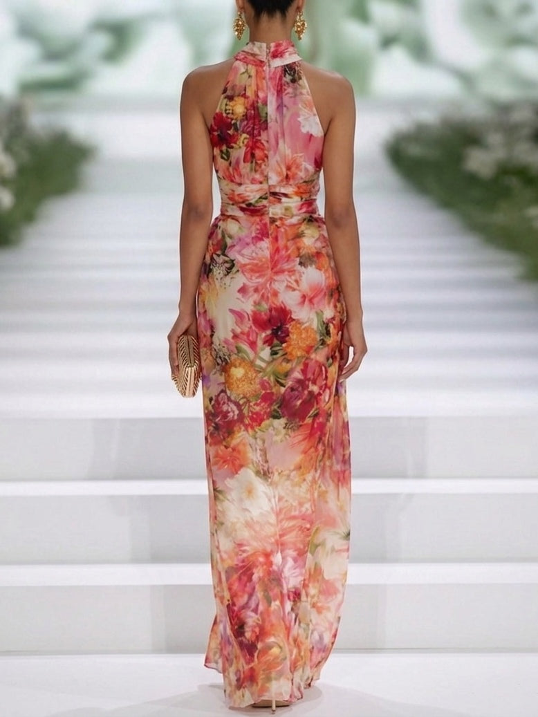 Elegant Red Floral Maxi Dress for Women with Halter Neck Sleeveless Column Flowing Formal Wedding Guest Style