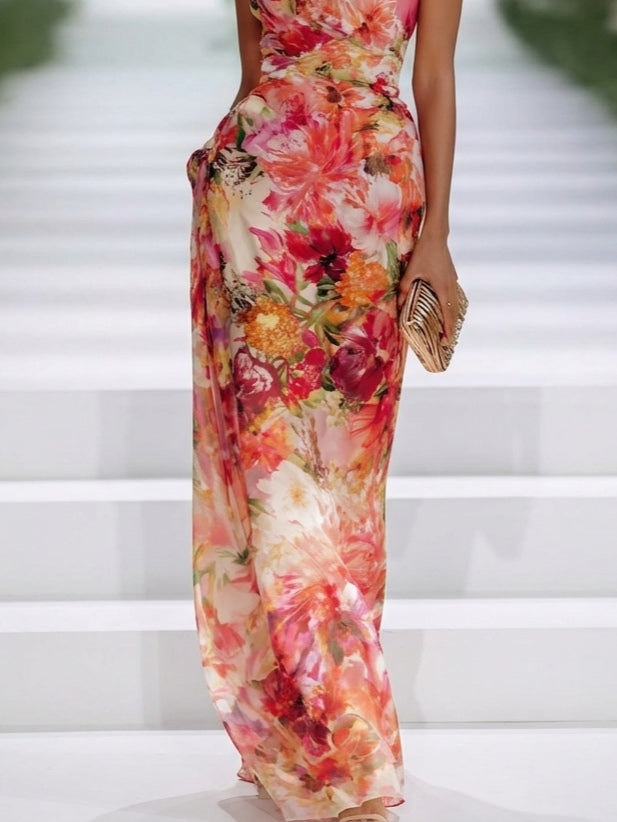 Elegant Red Floral Maxi Dress for Women with Halter Neck Sleeveless Column Flowing Formal Wedding Guest Style