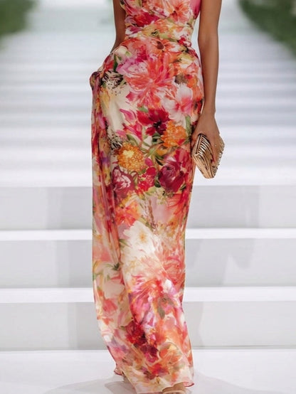 Elegant Red Floral Maxi Dress for Women with Halter Neck Sleeveless Column Flowing Formal Wedding Guest Style