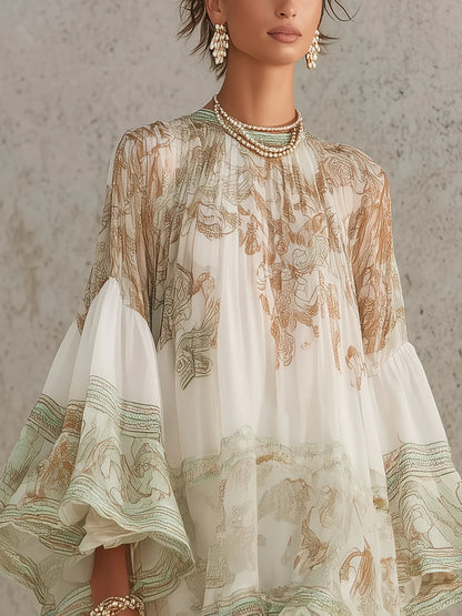Effortless Green Printed Mini Dress for Women with Mock Neck Bell Sleeve High Low Ruffle Bohemian Style