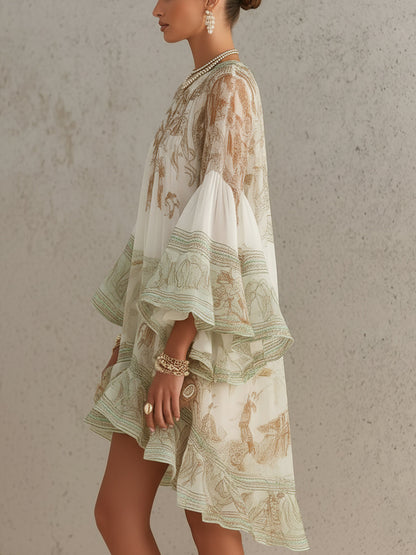 Effortless Green Printed Mini Dress for Women with Mock Neck Bell Sleeve High Low Ruffle Bohemian Style
