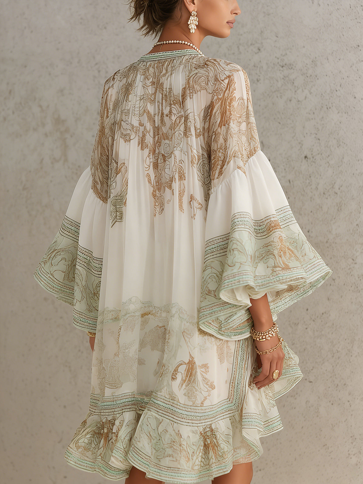 Effortless Green Printed Mini Dress for Women with Mock Neck Bell Sleeve High Low Ruffle Bohemian Style