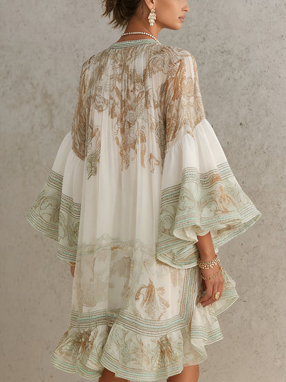 Effortless Green Printed Mini Dress for Women with Mock Neck Bell Sleeve High Low Ruffle Bohemian Style