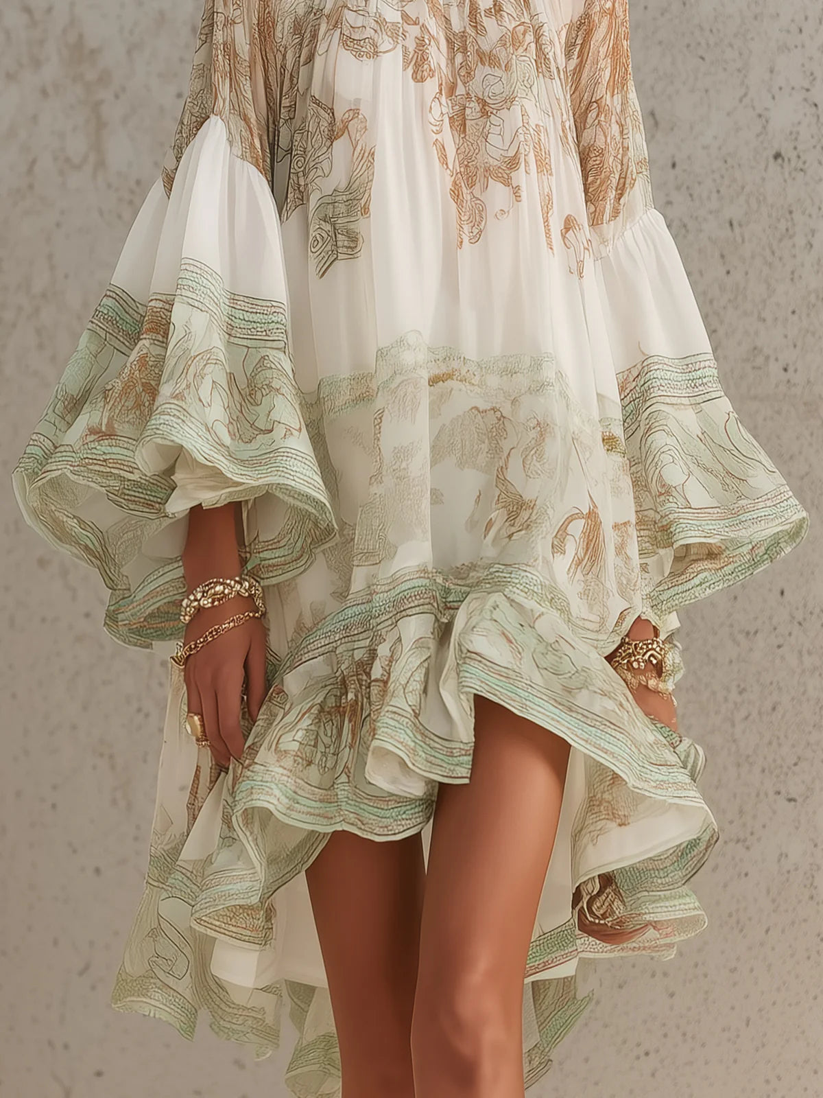 Effortless Green Printed Mini Dress for Women with Mock Neck Bell Sleeve High Low Ruffle Bohemian Style