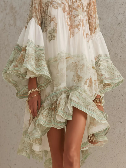 Effortless Green Printed Mini Dress for Women with Mock Neck Bell Sleeve High Low Ruffle Bohemian Style