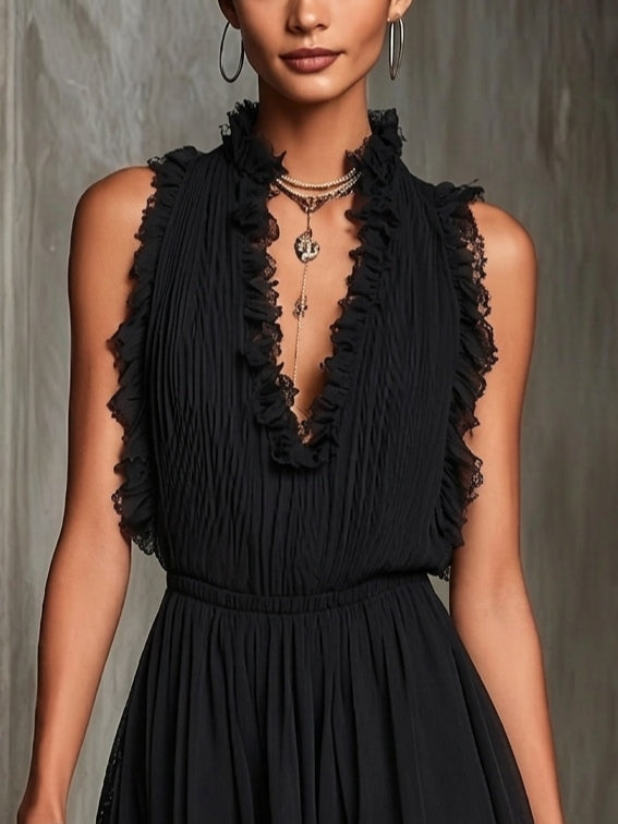 Elegant Black Chiffon Romper for Women with Ruffle Mock Neck Sleeveless Lace Trim Flowing Style