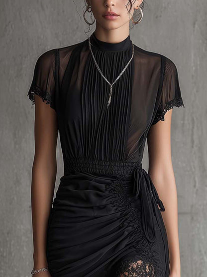 Elegant Black Lace Mini Dress for Women with High Neck Sheer Sleeve Ruched Bodycon High Slit Style