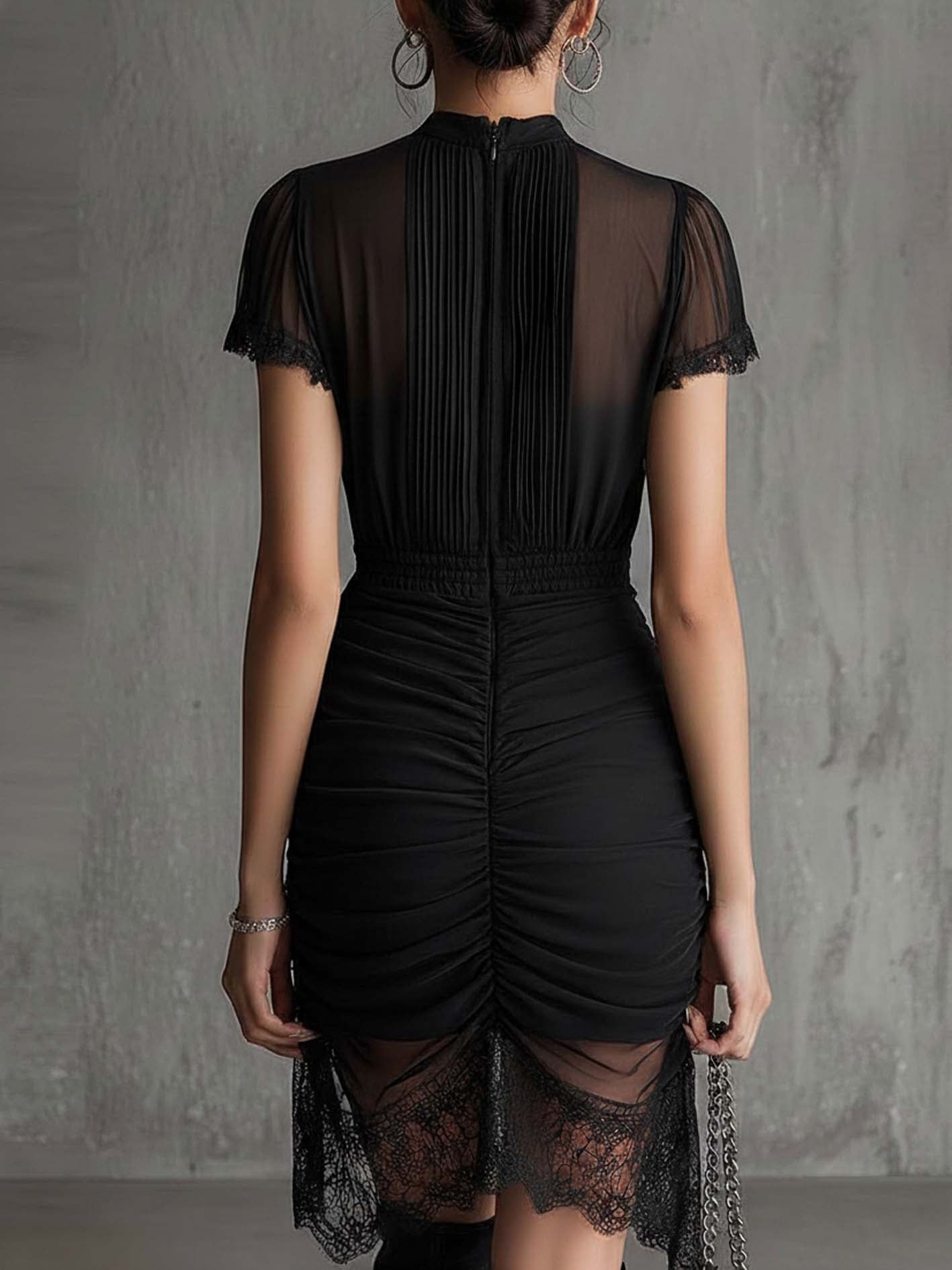Elegant Black Lace Mini Dress for Women with High Neck Sheer Sleeve Ruched Bodycon High Slit Style