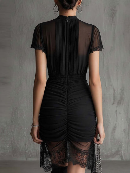 Elegant Black Lace Mini Dress for Women with High Neck Sheer Sleeve Ruched Bodycon High Slit Style