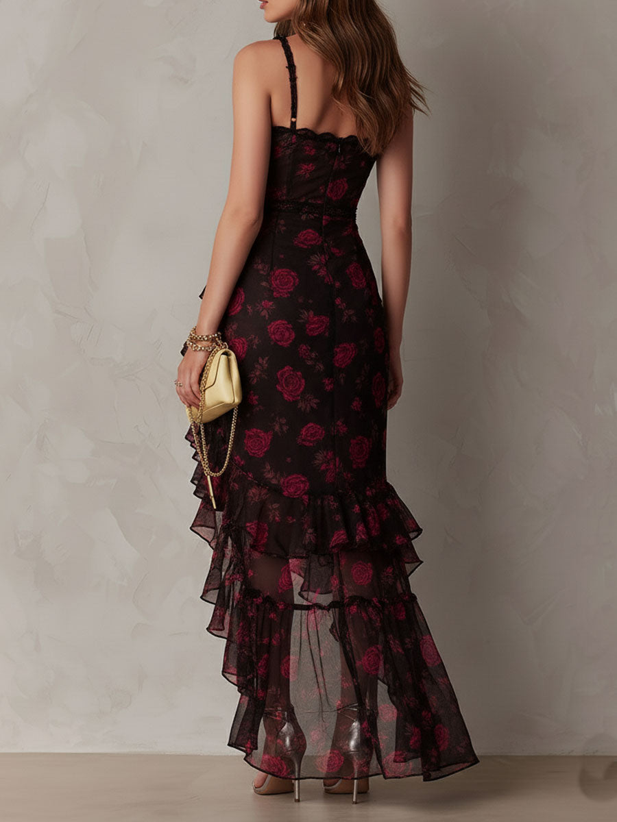 Elegant Black Floral Maxi Dress for Women with Sweetheart Neckline Spaghetti Strap Ruffle High Slit Formal Party Style