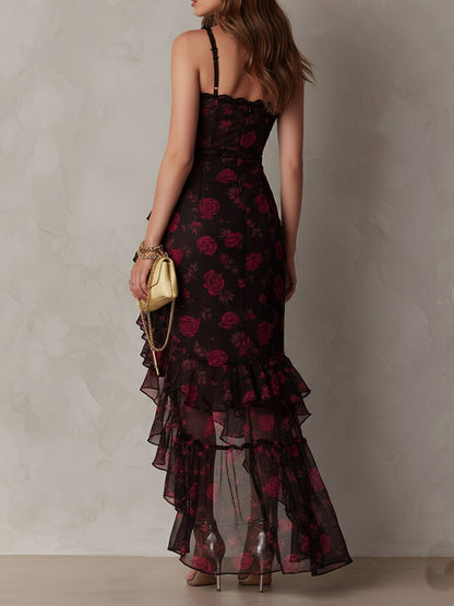 Elegant Black Floral Maxi Dress for Women with Sweetheart Neckline Spaghetti Strap Ruffle High Slit Formal Party Style