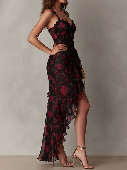 Elegant Black Floral Maxi Dress for Women with Sweetheart Neckline Spaghetti Strap Ruffle High Slit Formal Party Style