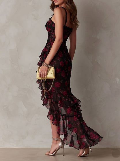 Elegant Black Floral Maxi Dress for Women with Sweetheart Neckline Spaghetti Strap Ruffle High Slit Formal Party Style